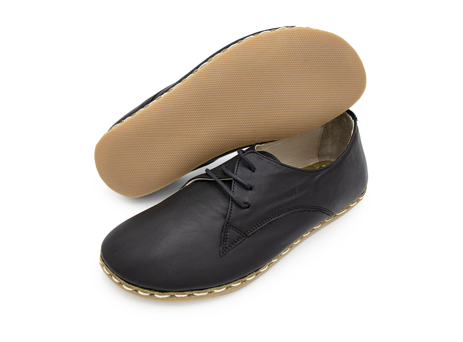 Women's Barefoot Black Leather Derby Shoes, double