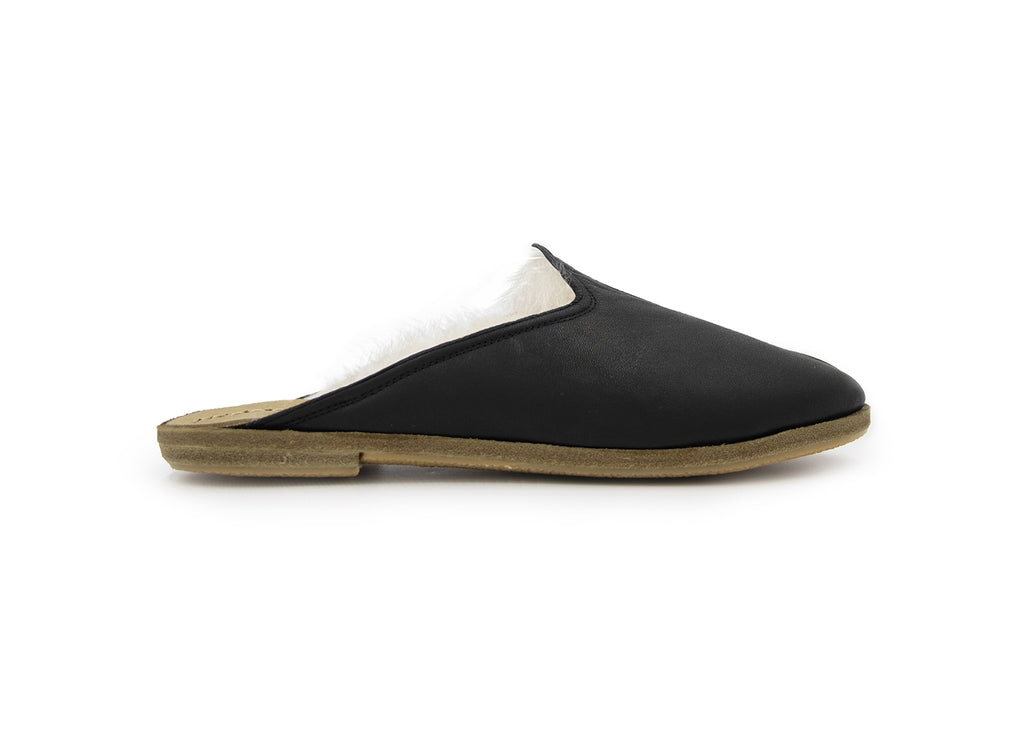 Black Lambswool Leather Mules