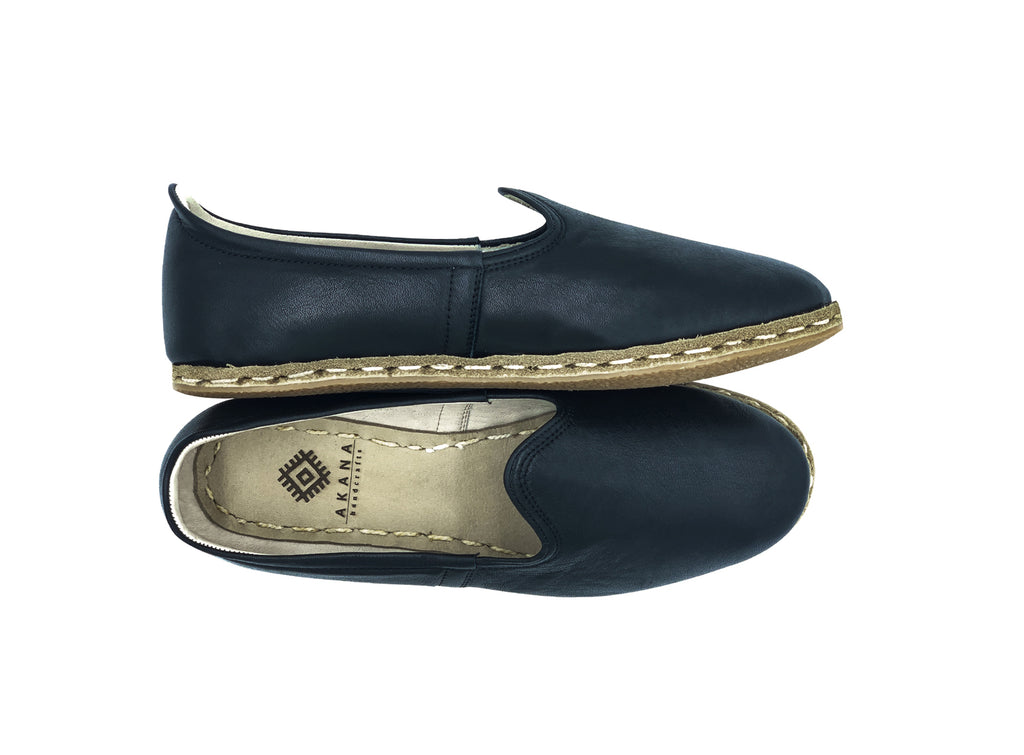 Women's Black Leather Loafers- Double