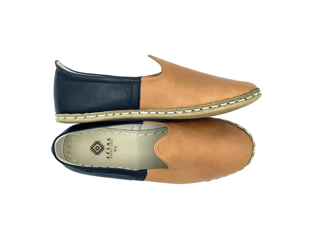 Men's Tan Black Leather Loafers- Double