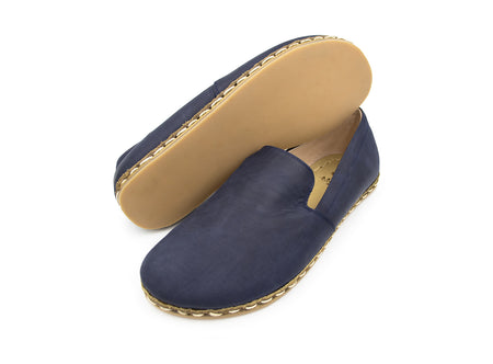 Men's Barefoot Navy Blue Leather Loafers- Double